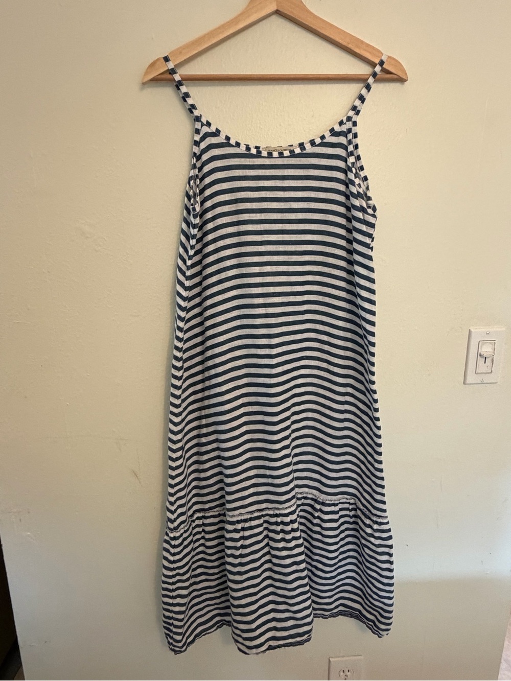 Navy and White Striped Spaghetti Strap Midi Dress 100% linen ruffle